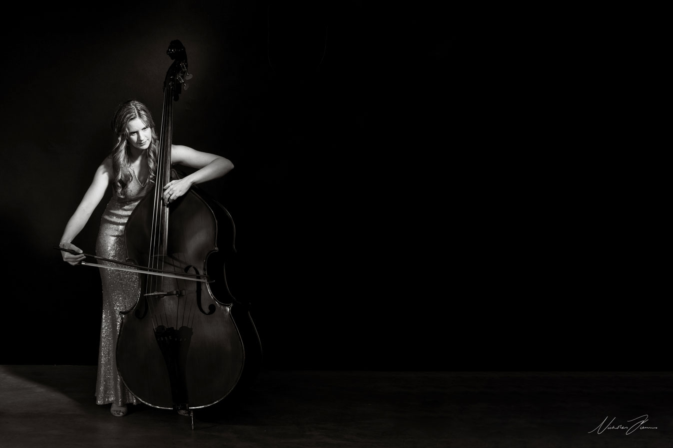 Black and white portrait of Bonita Williams, playing Double Bass
